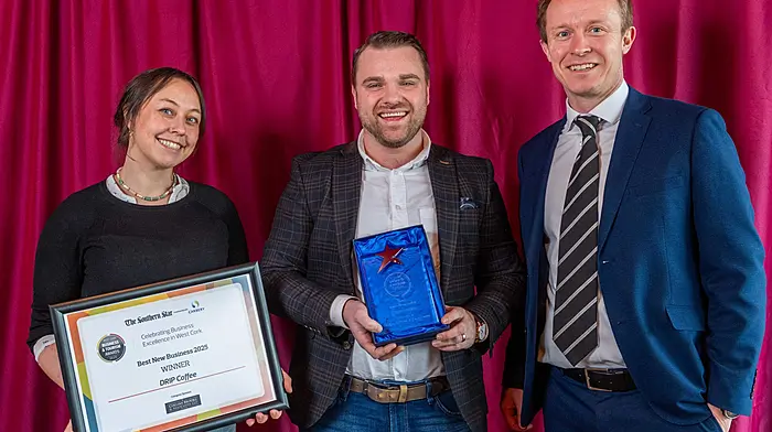 Jamie O’Donovan and Shane Goggin of DRIP Coffee, Best New Business, with
Conrad Murphy of Collins Brooks & Associates, category sponsor.