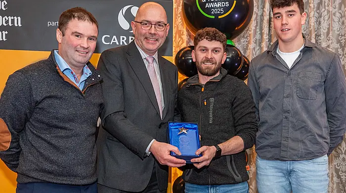 James Murphy, Stephen O’Sullivan and Robert Cronin of Cronin’s Hardware, Ballylickey,Best Small Business with Kevin Curran of LEO, category sponsor.