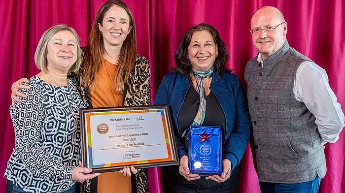 Bridie D’Alton, Siobhan Jeffery and Helen Wells of Fastnet Film Festival,  with Jason Field of O’Sullivans Marine, category sponsor.