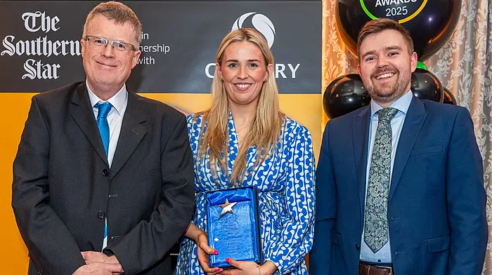 John Sweeney, Lilly, category sponsor, with Elizabeth Carroll and Rory Copplestone of Clonakilty Food Company, Best Use of Sustainability in a Business.