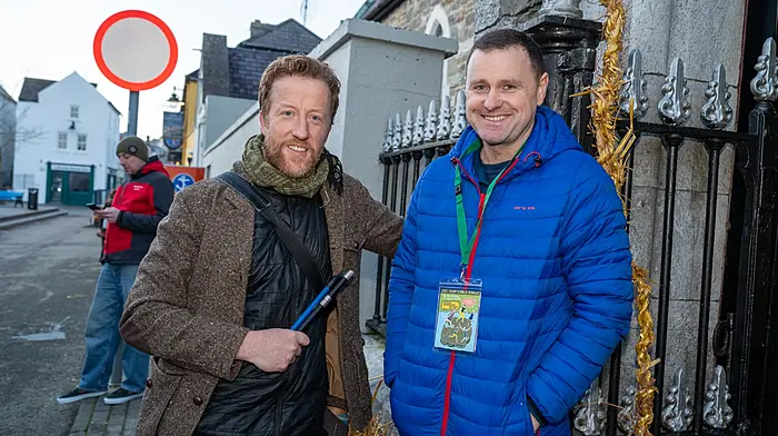 Rob Ó Foghlú and Aódhán O’Mhurcu at the Kinsale Gaelscoil ceili. (Photo: John Allen)