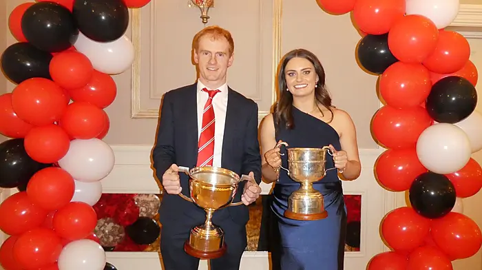 At the Ballinascarthy camogie and GAA joint dinner dance celebration in Fernhill House Hotel last Saturday night were Luke Murray (captain of the junior A hurlers who captured the Flyer Nyhan in 2025) and Moira Barrett (captain of the intermediate camogie team who won the county in 2025).
