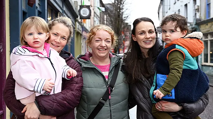 Locals, Hannah Ryan with her aunt Karen Fitzpatrick, Tina O'Driscoll, Siobhan and Danny McCarthy, met up along Pearse Street, Clonakilty.   (Photo: Martin Walsh)