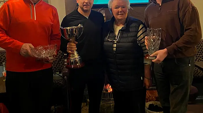 Tim Young, Paul Buckley, Margaret Daly and David Shannon at the inaugural Liam Daly perpetual cup road bowling competition.