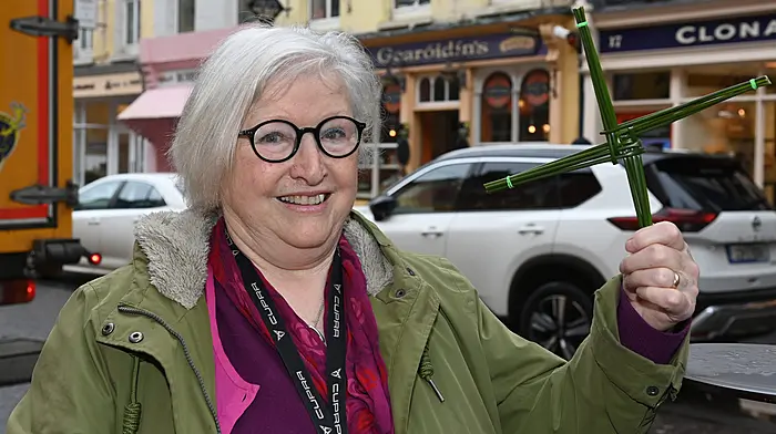Local lady Greta Kelly displaying a St Brigid's Cross she made at the Clonakilty Library last Friday morning.   (Photo: Martin Walsh)