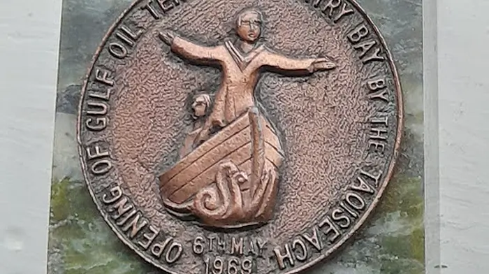 An item that attracted a lot of attention at the Bantry Historical and Archaeological Society’s exhibition was a bronze reproduction of St Brendan in his currach on Connemara marble that many in attendance recalled were handed out at the opening of the Gulf Oil Terminal.