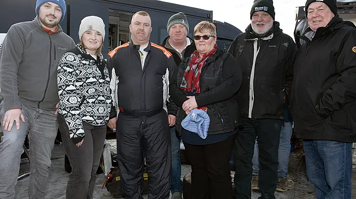 Dunmanway rally driver Jason McSweeney (third from left), who won the historic category of the Galway International Rally, with a group of supporters (from left): Evan Sheehan, Linda Harrington, Pat Harrington, Eileen Harrington, Liam McCarthy and Kieran Murphy, all of whom travelled to Galway for the rally. (Photo: Martin Walsh)