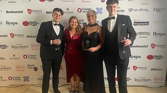 Some of the Eccles team after winning the Gold Medal award for Best Tourist Hotel, Dylan O'Mahony-Wharton, Aoife Lynch, Mags Donovan Daly and Donagh O'Sullivan. Photo courtesy of  Paul Sherwood.