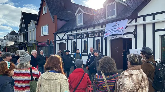 The walking tour led by Barry Moloney focused on the Beatles in 1966, and elements of Kinsale and Irish history at that time. Along the way, they also explored Kinsale’s links with Liverpool.