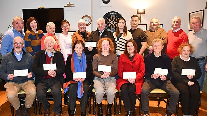 Leap Scarecrow Festival presented the proceeds from their hugely successful event to local charities and groups at an event at Harbour Bar. Recipients included Rev Cliff Jeffers (Leap Church of Ireland), Paddy French (Skibbereen Day Care Centre), Mary Crowley (Leap National School), Caroline O'Donovan (Glandore National School), Stephanie Hodnett (Maulatrahane National School), Kevin O'Shanahan (49 North Street), Maire Cullinane (Rosscarbery Social Services), Cllr Finbarr Harrington (Stand for Feile) with committee members Ger O'Donovan, Deirdre Glavin, Rita Ryan, Carmel O'Callaghan, Toddy Hogan, Ruthann Sheahan, George Livanos, Michael Whelton, James Ronan (festival chairperson), and Andrew Rawlings (49 North Street).   (Photo: Anne Minihane)