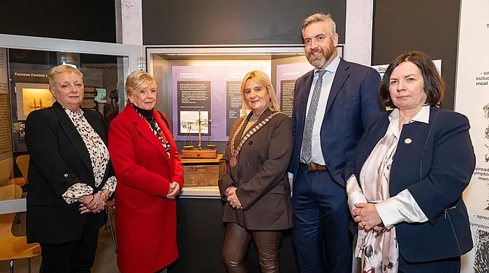 Liz O’Connor and Doreen O’Driscoll, wife and daughter of Dr Larry O’Connor, with the Cllr Mary Linehan Foley, Christopher O’Sullivan TD, Minister of State at the Department of Housing, Local Government and Heritage and Chief Executive of Cork County Council, Moira Murrell, at the opening of the display of a silver samovar.   (Photo: John Allen)