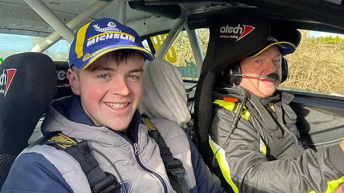 Bandon’s Daniel Seaman (20) with his driver David Herbert at the Corrib Oil Galway International Rally last weekend.