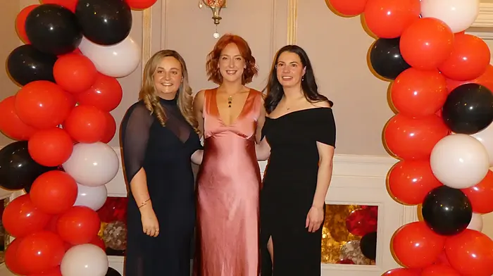 Lisa Hegarty, Kaela O'Driscoll and Michelle Dullea at the Ballinascarthy camogie club’s victory dinner dance which was held recently at Fernhill House Hotel.