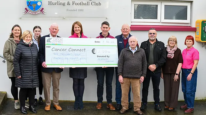 At the presentation of funds to Cancer Connect from Argideen Rangers, the proceeds of their poc fada were (from left): Louise, Margaret, Ruby and Donie O'Callaghan, Helen O'Driscoll (Cancer Connect), Mark Flynn (chairman, Argideen Rangers), Declan Cullinane (president, Argideen Rangers), Liam Barry, John Barry and Diana Walsh (volunteers, Cancer Connect) and Sinead Crowley (Cancer Connect).