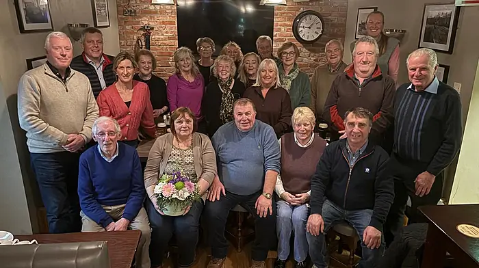 A farewell function was held last Wednesday for Ned Long on his retirement from Tidy Towns.  Included amongst friends and well-wishers were, front: Sean O'Donovan, Ann Long, Ned Long, Marian O'Callaghan (chairperson, Timoleague Tidy Towns), John Walsh (chairman, Timoleague Community Association).