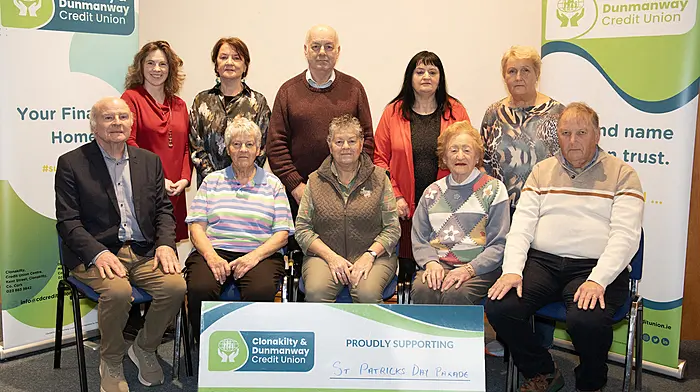 Clonakilty and Dunmanway Credit Union are the proud sponsors of this year's Clonakilty St Patrick's Day Parade.  At the cheque presentation at their headquarters in Kent Street, Clonakilty were, seated: JJ Walsh (Town Twinning), Therese O’Donovan (grand marshal), Dena O'Donovan (grand marshal), Noreen Minihan (Town Twinning) and Con O'Neill (Town Twinning).  Standing: Aaron O'Driscoll (Clonakilty and Dunmanway Credit Union volunteer), Dell McCarthy (Town Twinning), Tommy O'Donovan (grand marshal), Noreen Burke (Clonakilty and Dunmanway Credit Union) and Jo O'Neill (Town Twinning).  (Photo: Martin Walsh)