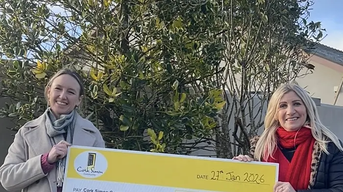 Mary Lou Leahy presenting a cheque for €920 to Cork Simon Community from the Aughadown Community after a very successful and beautiful carol service in December. Receiving the cheque is Hannah Mc Govern, senior community partnerships officer, Simon Community.
