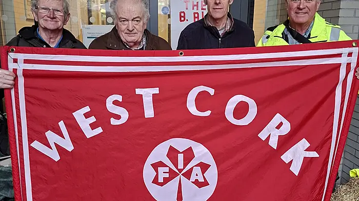 IFA members from the Sheep's Head peninsula joined the protest at the Bord Bia offices in Dublin last week. From left: Gerard Burke, Jerry O'Sullivan (Leap), Robert Dukelow and Seamus Daly. Farmers have been infuriated by the revelation that, while they endure rigorous on-farm audits by Bord Bia to prove they are maintaining high standards, the chairman of Bord Bia has been importing beef and chicken meat from Brazil, where lower standards have been shown to prevail.