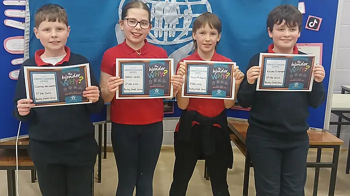 Clinton McCarthy, Sarah Levis, Oisín McNulty and Killian O’Mahony, pupils of Carrigboy National School, were runners-up in the Bantry Credit Union Quiz U11 section last Friday.