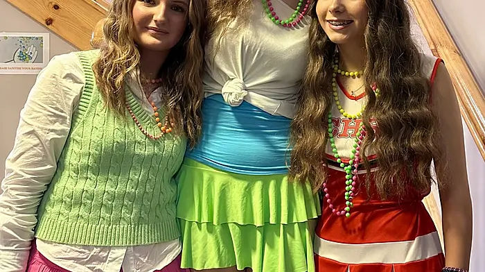 Stella O'Callaghan Montgomery, Cara Connolly and Clíona Hoey O'Brien during the interval of  ‘Now that’s what I call 80s’ musical which was performed last week at Rossmore Theatre by students of Mount Saint Michael. Photo courtesy of Agnieszka Cebo.