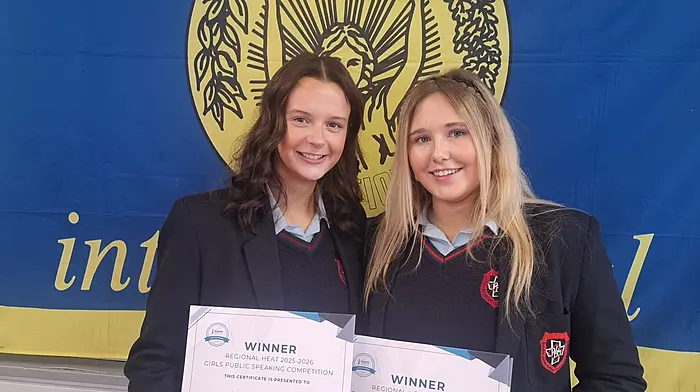 Fifth year students at Coláiste na Toirbhirte, Milly Seaman and Ella McCarthy, took part in -  and won  - the regional finals of the Soroptimist Ireland Girls' Public Speaking Competition which was held in Ballintemple last Saturday. Both girls delivered superb speeches and will now progress to the national finals at The Mansion House in Dublin in March.