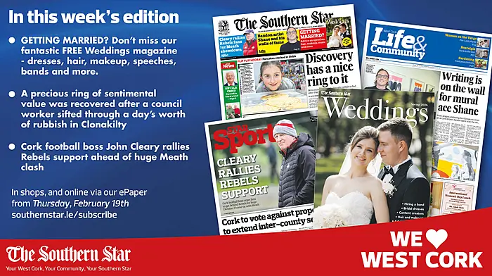 THE SOUTHERN STAR IS IN STORES NOW: FREE Weddings magazine inside; Sentimental ring recovered in Clonakilty; Cork football boss John Cleary rallies Rebels support ahead of huge Meath clash Image