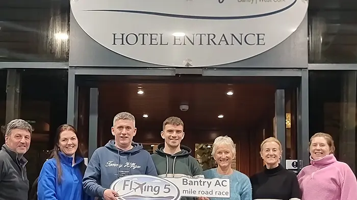 Launching the Flying 5 Mile Road Race, that will take place on April 19th, were Bantry Athletic Club committee members Tony McElhinney, Jacquie O'Sullivan, Trevor McGuirk, Danny Mullins, Maria Hurley, Margaret Lavin and Caroline Willoughby.