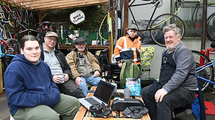 Tea and a chat at the Clonakilty Bicycle Shed with Malvin Glass, Oscar Ward, Jack Kelleher, CJ Williamson and Evan McGuirk, all from Clonakilty.    (Photo: Martin Walsh)