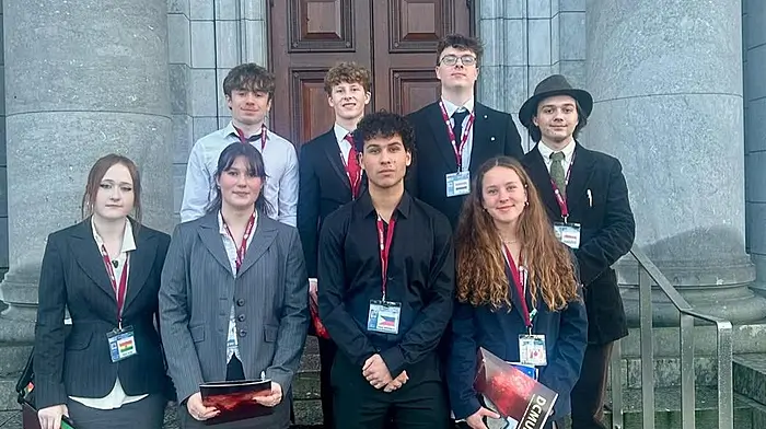 The delegates from Schull Community College who attended the Model United Nations at City Hall in Cork.  Back: Alex O’Toole, Eoghan Dempsey, Patrick Staunton and Olan Ferguson. Front: Isabelle Westgate, Clara Carson, Damian Williams and Maria Schlotterbeck.