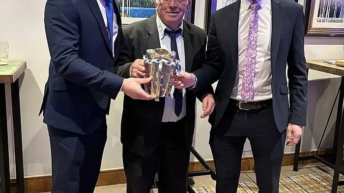 Ballinhassig men who have played in goal for Cork's senior hurling team, Patrick Collins, Martin Coleman (senior) and Martin Coleman (junior) at Ballinhassig GAA's victory dinner which was held at Roches Town Park Hotel last Saturday.