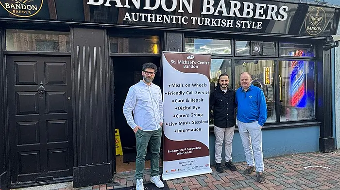 Ferit and Zorra of Bandon Barbers, New Road, Bandon with Roger Pearson (right) chairperson of St Michael Centre at the announcement of their very generous offer to donate the entire proceeds from a day’s trading on Tuesday February 24th to the St Michael Centre.