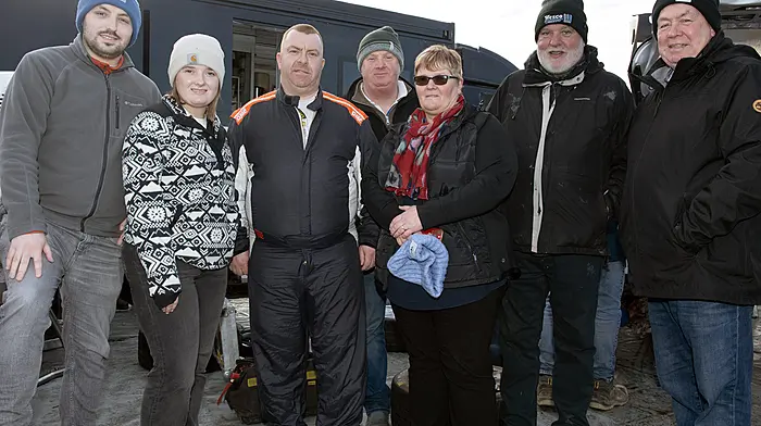 Dunmanway rally driver Jason McSweeney (third from left), who won the Historic category in the recent Galway International Rally, with a group of his supporters including Evan Sheehan, Linda Harrington, Pat Harrington, Eileen Harrington, Liam McCarthy and Kieran Murphy, all of whom travelled to Galway for the rally.  (Photo: Martin Walsh)