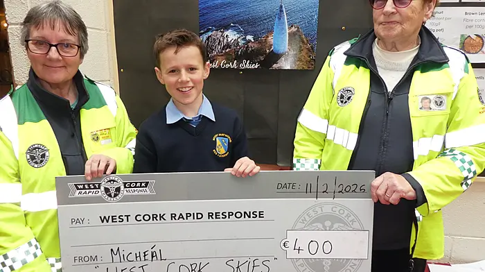 Micheál McCarthy of West Cork Skies drone prints, who is in first year at Mount St Michael,  handed over a cheque of €400 to Kate and Betty from West Cork Rapid Response (WCRR).Micheál, who lives in Skibbereen, attended Kilmeen National School, where his Dad Kenneth is the principal. So when WCRR visited the school over a year ago, Micheál was very impressed with the voluntary nature of the work they do, particularly as a few years previously, Dr Jason had helped his grandad Mick, from North Cork, but was visiting Micheál's family in West Cork at the time of his accident, so they all witnessed first-hand what a fantastic service WCRR offers to everyone. Micheál takes excellent photos with his drone and sold some of them at Christmas time, hence the donation to WCRR.