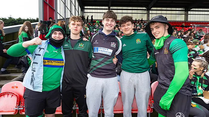 Bandon fans Paddy O’Crowley, Andrew Lovell, Alex Hunter, Graham White and Ollie Williams cheering on their school at the Pinergy Munster Schools Senior Cup semi-final at Virgin Media Park. (Photo: INPHO/Tom O’Hanlon)