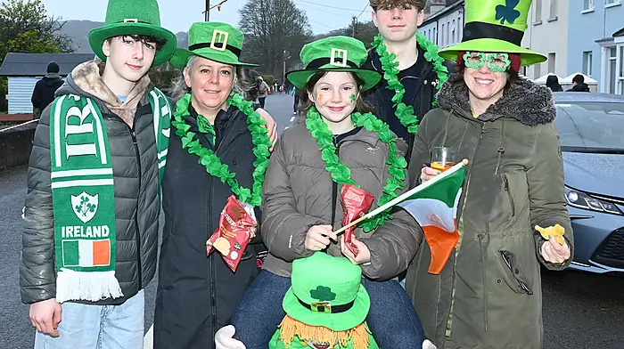 At the St. Patrick's Day Parade in Courtmacshery were (left to right): Cathal Doyle, Kate O'Hea, Sadie O'Hea-Maguire Tadhg O'Hea and Maura O'Hea, all from Butlerstown. Photo: Martin Walsh.