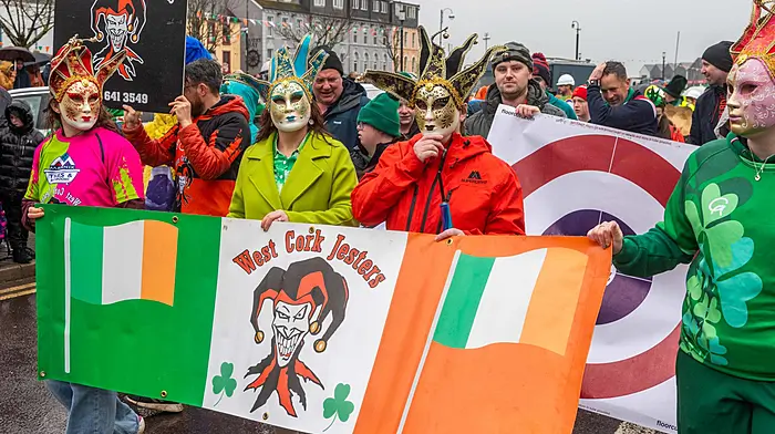 The West Cork Jesters took part in the Bantry St Patrick's Day parade. (Photo: Andy Gibson)