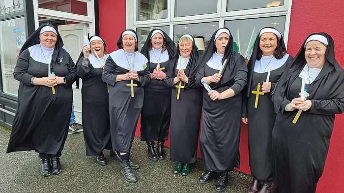 People at Coppeen St Patrick's Day parade were almost brought to their knees by the appearance of a group of nuns in their midst! Calling themselves 'Borderline Saints' they went on to perform a not-so-divine set of songs and music which greatly impressed the assembled masses. It is rumoured that they have recruited at least five novices from Coppeen into their 'disorder'. Borderline Saints are on tour following their hit appearance at the recent Kilmichael GAA Lipsync.  (Photo: Colum Cronin)