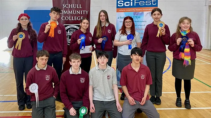 Schull Community College’s SciFest award winners. Back: Brianna Sheehan, Rory McCarthy, Alma Or-Ofri, Sophia Russell, Rosie Evans, Aila Kessler and Saoírse O'Sullivan. Front: Cathal D'hondt, Aidan O'Mahony, Alan Butler and Hugo Keawwantha.