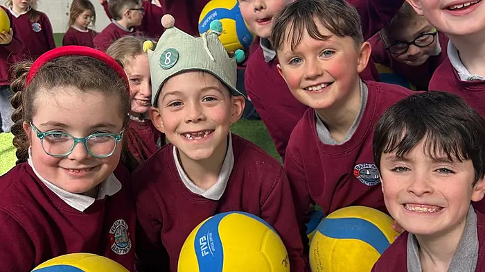 First and Second class pupils at Rath National School loving their weekly volleyball classes with Daniela of West Cork volleyball club, Ellie Hannick, Anna O’Neill, Finn Browne, Timothy Sheehy, Nicolas McSweeney, Tadhg Holland, and Zac and Zoe Collins at the back.