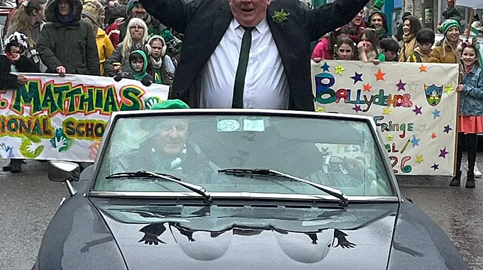 Grand marshal Barry O’Brien, driven by Tim O’Connor, greeted the crowds who were undeterred by light showers during the Ballydehob St Patrick’s Day parade.