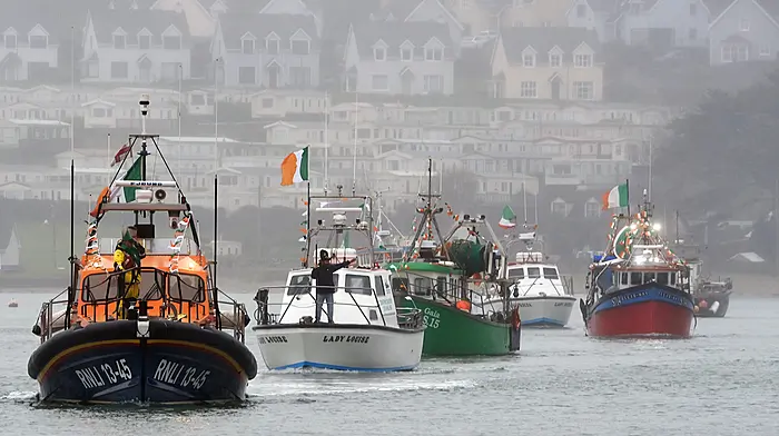 A flotilla of boats led by the RNLB Val Adnams Courtmacsherry Lifeboat at the Courtmacsherry St Patrick's Day sea parade.   (Photo: Martin Walsh)