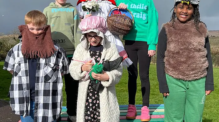 Carrigboy National School pupils Charlie Murphy,  Alex Coughlan,  Nandi Dlamani, Aaden O’Sullivan Harrington, Sarah Levis and Freya Russell all dressed up for their St Patrick's Day drama, Cocailín Dearg.