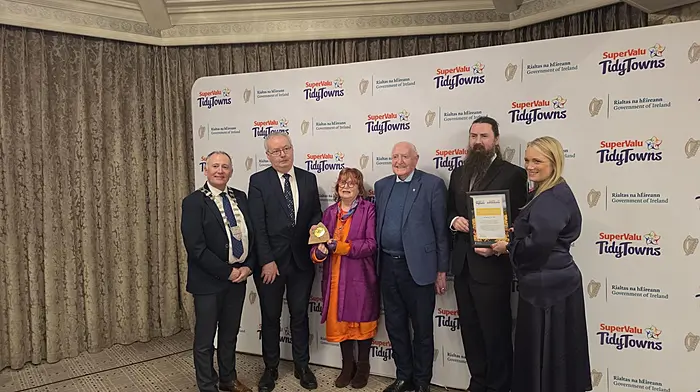 Mayor of County Kerry Cllr Mike Foley,  Minister of State Michael Moynihan TD, Maura Allen (honorary secretary, Carrigaline Tidy Towns), Barry Cogan (PRO, Tidy Towns), Séamus Cogan and Maighread Cremin (Musgrave/SuperValu community and sponsorship manager) at the South West Regional Tidy Towns Awards which was held at the Rose Hotel in Tralee.
