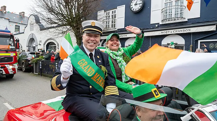 Kinsale Parade Grand Marshal Harp Donnelly, Fire Chief Newport, Rhode Island and Tricia Donnelly, Teacher from Newport pictured at the annual Kinsale St Patrick Day parade.
(Photo: John Allen)