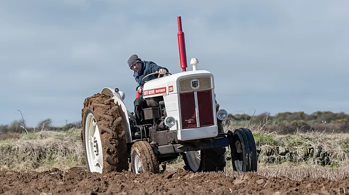 Edward O’Neill (Ballinadee) ploughing with a 1967 David Brown 1200 tractor and three furrow plough at the De Courcey Classic and Vintage Club members’ tillage day in Garrettstown with views of the Atlantic ocean, the Old Head of Kinsale, Garrettstown beach and Garrylucas beach on a breezy and sunny spring day.
Picture: David Patterson, Tractor Run - Cork