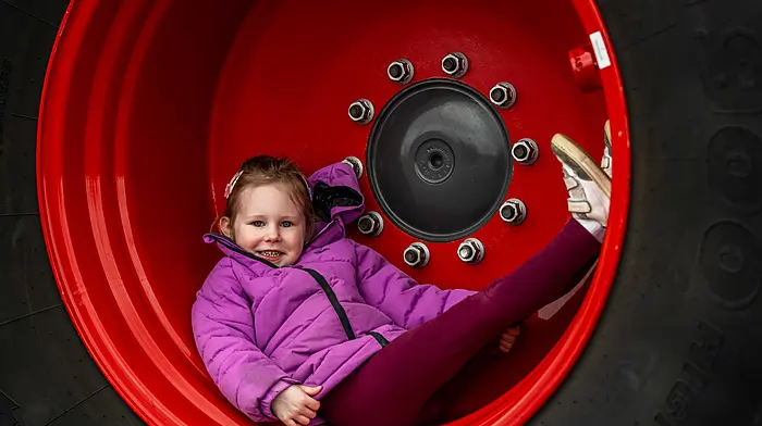 Ahiohill Vintage Club hosted a charity tractor, truck, car and motorbike run today in aid of West Cork Rapid Response. There was a huge turnout of all sorts of vehicles. Trying out a Fendt tractor wheel for size was 4-year-old Caragh O'Driscoll From Ahiohill. Picture: Andy Gibson.