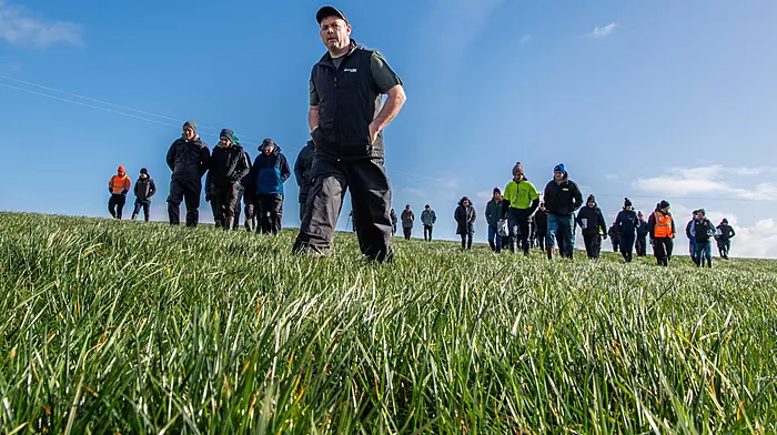 A Teagasc Spring Grazing Walk took place on the farm of Eoin Murphy, Caheragh today. Topics discussed included Selecting paddocks for early grazing; Early Nitrogen & Slurry; Grazing during difficult conditions and Protecting water quality. Host farmer Eoin Murphy leads the attendees to the next grazing walk station. Picture: Andy Gibson.