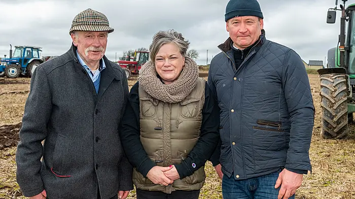 Bandon Ploughing Association held its 81st annual ploughing match on the lands of Derek Lovell, Knockbrown today. A large number of competitors took part in the match, after weeks of heavy rain forced postponements of matches. Pictured are land owner, Derek Lovell; Trish O'Sullivan, Bandon Ploughing association and Dan Crowley, Dunmore. Picture: Andy Gibson.