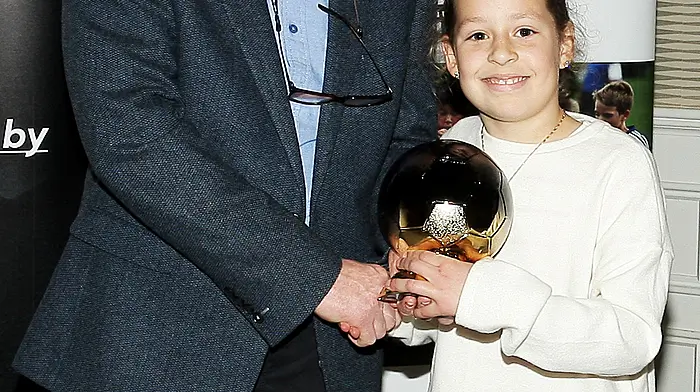 Isabella Santos (Castlelack FC) was presented with the Schoolgirls Goalkeeper of the Year award by Declan Deasy. (Photo: Paddy Feen)