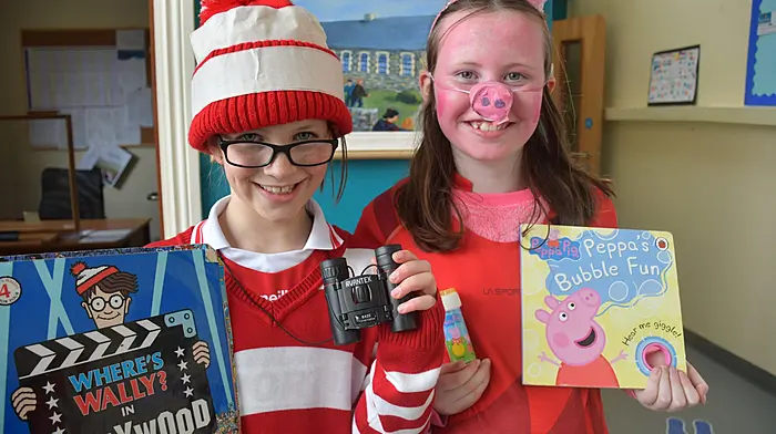 Where's Wally - Zara Williamson and Peppa Pig - Chloe Cahalane pupils from Castletownshend National School enjoying World Book Day. Photo; Anne Minihane.